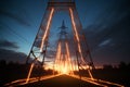 3D render animation energy stream through steel tower at sunrise