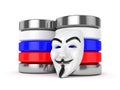 3d render of anonymous mask and servers with russian flag