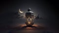 3D Render of Arabic Lamp On Dune And Realistic Crescent Moon. Islamic Religious