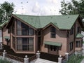 3d render of an architectural project of a country house in the forest. Country house with a green roof