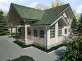 3d render of an architectural project of a country house in the forest. Country house with a green roof