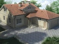 3d render of an architectural project of a country house in the forest. Country house with a red roof