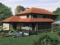 3d render of an architectural project of a country house in the forest. Country house with a red roof