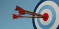 3D render Arrow hit the center of the target on a dartboard on blue background. Minimal target with arrows. Business finance