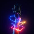 3d render artificial female hand with colorful neon light geometric bracelets. Human mannequin body part isolated on black