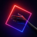 3d render artificial female hand with geometric shape, blue red neon light square frame. Human mannequin body part