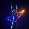 3d render artificial hand rock gesture, geometric bracelet. Colorful neon light triangle. Human mannequin body part