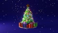3D render. artoon hristmas tree and gift box with falling snow on blue background. Christmas tree flasher Royalty Free Stock Photo