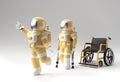 3D Render Astronaut Disabled Using Crutches To Walk with Weelchair 3D Illustration Design