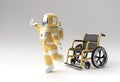 3D Render Astronaut Disabled Using Crutches To Walk with Weelchair 3D Illustration Design