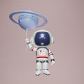 3D render An astronaut holds a balloon made of Saturn. Cartoon character astronaut floating in space with a tiny planet. 3d