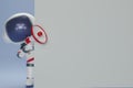 3D render Astronaut Spaceman behind a wall holding a megaphone announces the news. Cartoon character astronaut holding megaphone