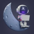 3D render Astronauts work on laptops while sitting on the moon. Spaceman on the moon, cartoon character astronaut on a tiny Royalty Free Stock Photo