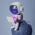 3D render Astronauts work on laptops sitting on planets. Spaceman on the moon, cartoon character astronaut on a tiny planet in Royalty Free Stock Photo