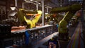 3d render of automotive factory, assembly line production manufacturing process