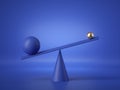 3d render, balancing blue and gold balls placed on weighing scales, abstract geometric primitive shapes isolated on blue