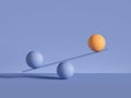 3d render, balls placed on scales, isolated on violet background. Primitive geometric shapes. Balance, comparison metaphor.