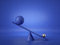 3d render, balls placed on weighing scales, isolated on blue background. Heavy gold ball overweight. Primitive geometric shapes.