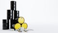 Barrels of oil, black oil barrels with pack of dollars