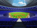 3D render of baseball stadium with blue seats and VIP boxes