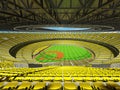 3D render of baseball stadium with yellow seats and VIP boxes