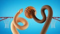 3d render. Basketball game players fight for the ball. African and caucasian cartoon character hands. Sportive clip art isolated