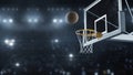 3d render Basketball hit the basket in slow motion on the background of flashes of cameras