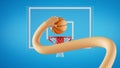 3d render, Basketball lay up. funny cartoon character plays basketball game, long flexible hand throws ball into the basket.