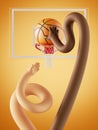 3d render, basketball successful shot. African and caucasian players, funny cartoon characters, flexible boneless hands with ball