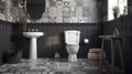 3d render of bathroom with black tiles and white toilet bowl in the corner Royalty Free Stock Photo