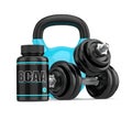 3d render of BCAA bottle with dumbbells and kettlebell