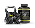 3d render of BCAA powder with dumbbells and kettlebell Royalty Free Stock Photo