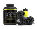 3d render of BCAA powder with dumbbells and water bottle Royalty Free Stock Photo