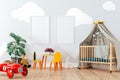 3d render of beautiful child nursery interior and toys