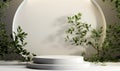 3D render beautiful white podium for whitening beauty skincare products display backdrop templates with natural green leaves plant