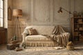 Beige interior with old sofa and decor Royalty Free Stock Photo