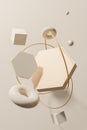 3d render beige ivory colored geometric schapes with golden rings Royalty Free Stock Photo