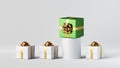 3d render. Big green gift box in the row of small white boxes. Business metaphor, best choice concept, unique object idea. Modern