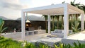 3D render of bio climatic pergola on private outdoor wooden patio