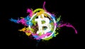 3d render of the bitcoin logo and colorful paint splashes