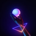 3d render black artificial hand wear geometric bracelet, hold white iridescent ball. Neon light triangle. Human mannequin hand