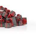 3d render - black christmas gift boxes with red ribbons Royalty Free Stock Photo