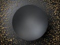 3d render of black empty round plate or banner over black background and golden spheres. Perfect illustration for Royalty Free Stock Photo
