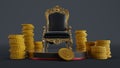 black king throne withe dollar coins isolated on dark background, king throne on pedestal
