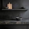 3d render of black marble shelf with wooden kitchen utensils Royalty Free Stock Photo