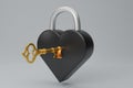 3D render black metal heart-shaped Padlock icon with gold key isolated on white background. Minimal black lock with a golden key. Royalty Free Stock Photo