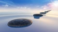 3d render of black stones on calm sea water