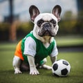 3D render of french bulldog wearing jersay with a soccer ball