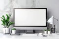 3D render blank monitor screen with modern workplace with comfortable modern desk