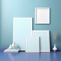 3D render of blank picture frames on blue wall with vase Royalty Free Stock Photo